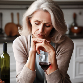 Женщина сидит перед бокалом вина